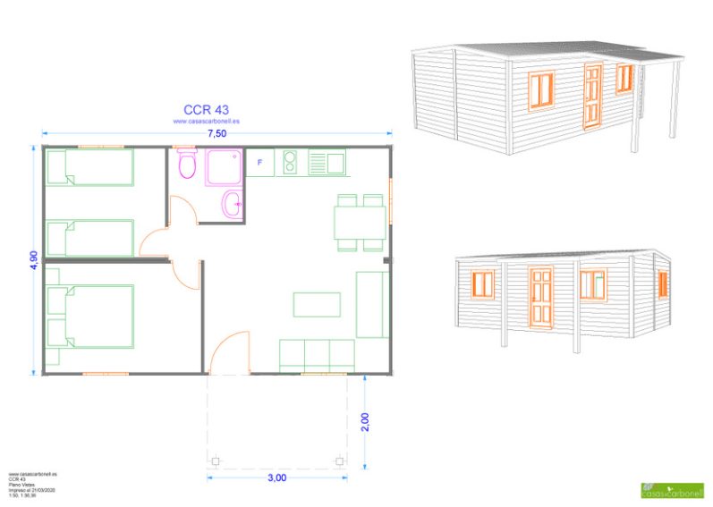 Plano arquitectónico de una casa de madera con vistas de una casa y su distribución interior.