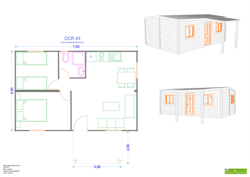 Plano arquitectónico de una casa con vistas en planta y elevación lateral.