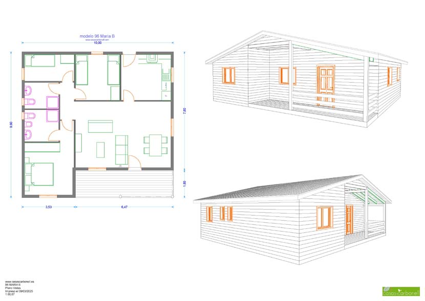 Plano de casa prefabricada vivienda con distribución de habitaciones y vistas en 3D de la estructura.